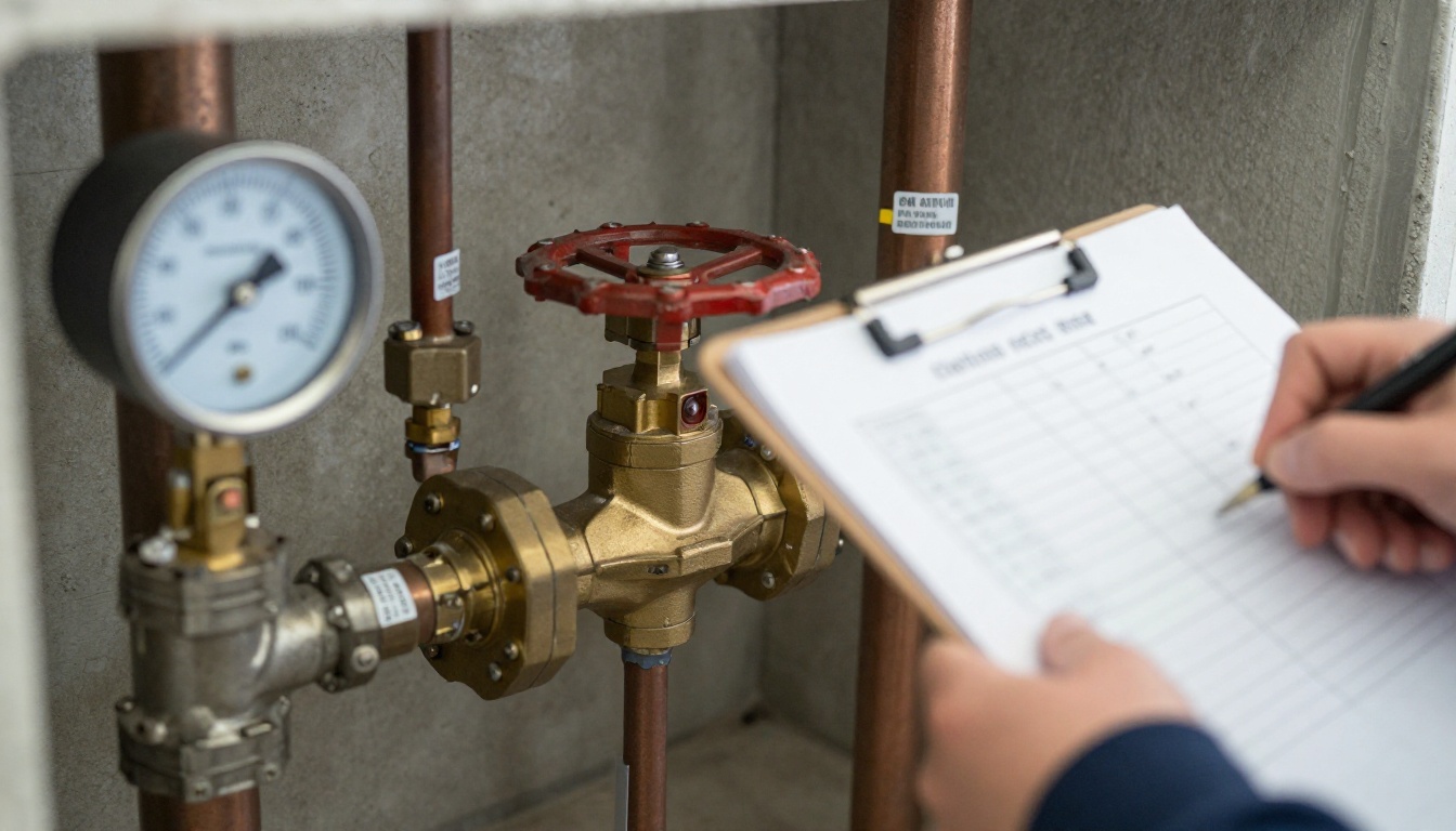 A close-up of tagged brass and butterfly isolation valves on copper and steel domestic water lines in a condominium mechanical room, with matching laminated valve chart pages on a clipboard nearby