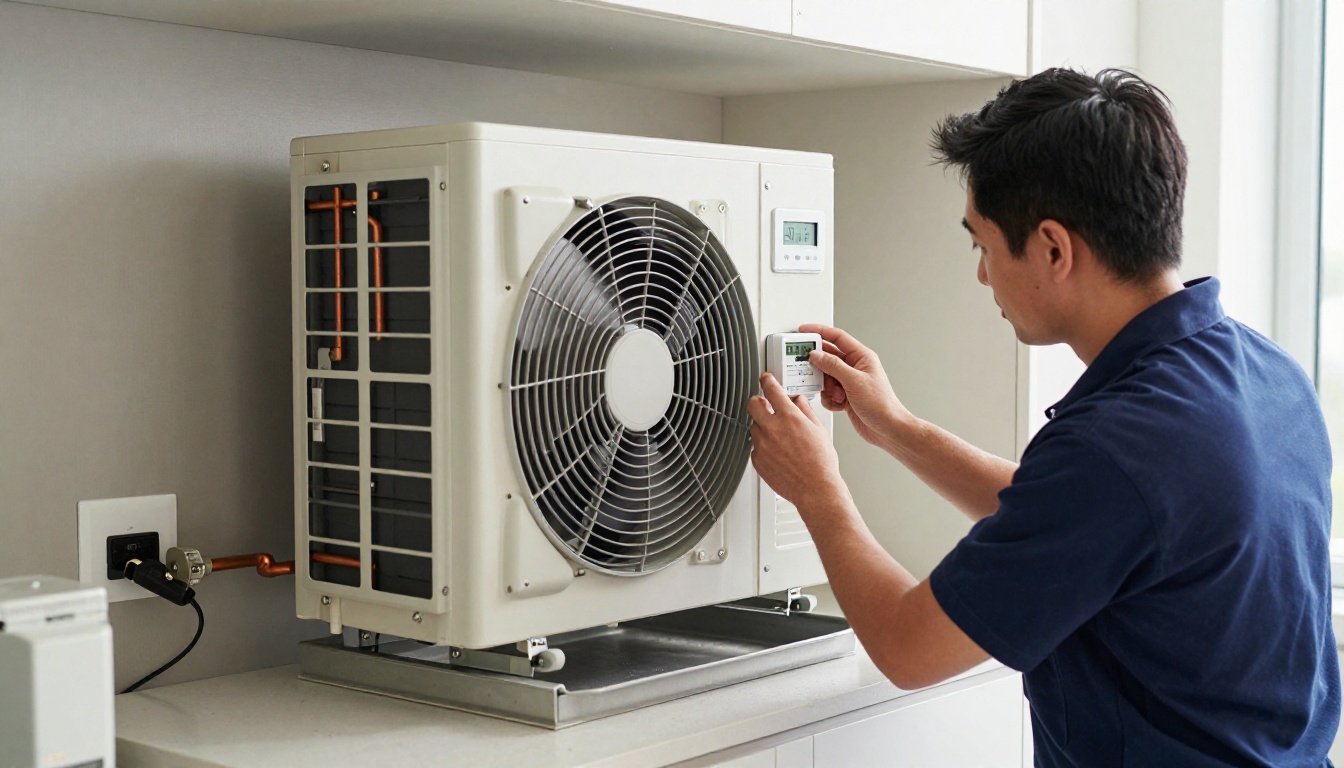 A Hudson HVAC technician inspecting a Honeywell T6 Pro thermostat in a Toronto condo with tools on a nearby countertop