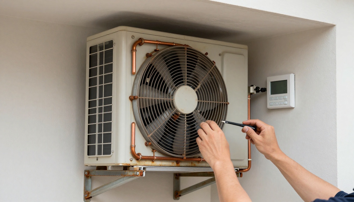 Close-up of rusted HVAC component being repaired inside a condo unit