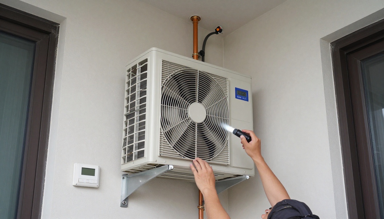 A Hudson HVAC technician inspecting a condo fan coil unit with a flashlight in a Toronto high-rise A Hudson HVAC technician inspecting a condo fan coil unit with a flashlight in a Toronto high-rise