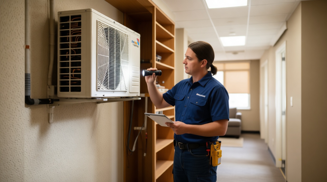 A Hudson HVAC technician inspecting a condo fan coil unit with a flashlight in a Toronto high-rise A Hudson HVAC technician inspecting a condo fan coil unit with a flashlight in a Toronto high-rise