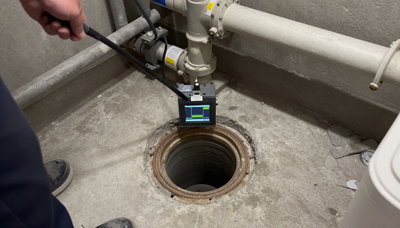 A drain camera being fed into an exposed cast iron cleanout in a condominium mechanical area, with scaled pipe interior visible on a monitor and protected concrete floor around the work area