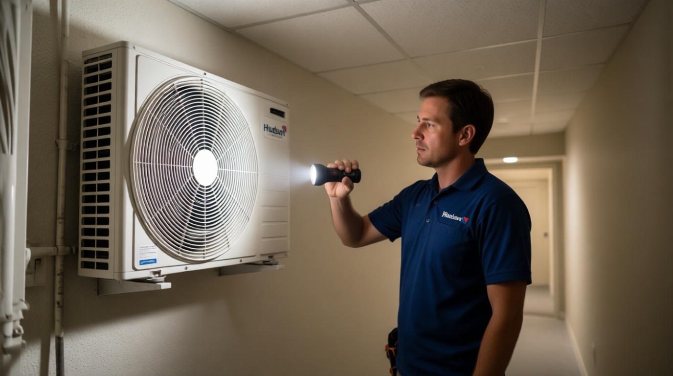A Hudson HVAC technician inspecting a condo fan coil unit with a flashlight in a Toronto high-rise