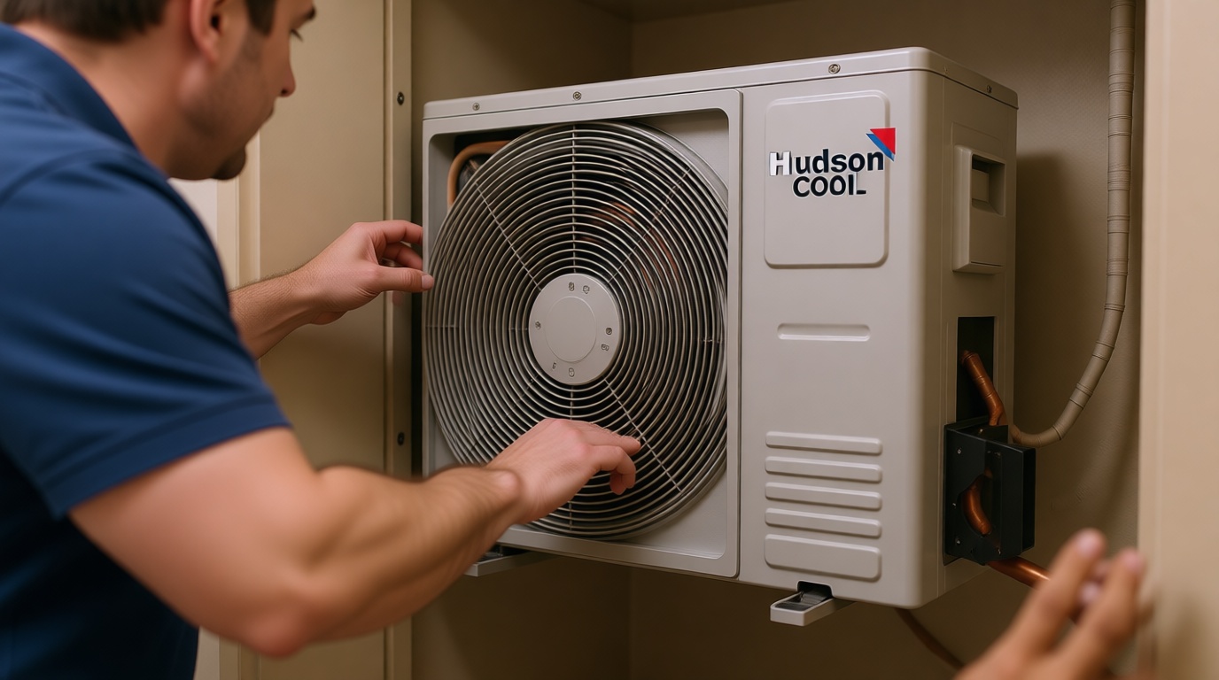 Close-up of a fan coil unit with a technician&rsquo;s hands adjusting components in a North York condo