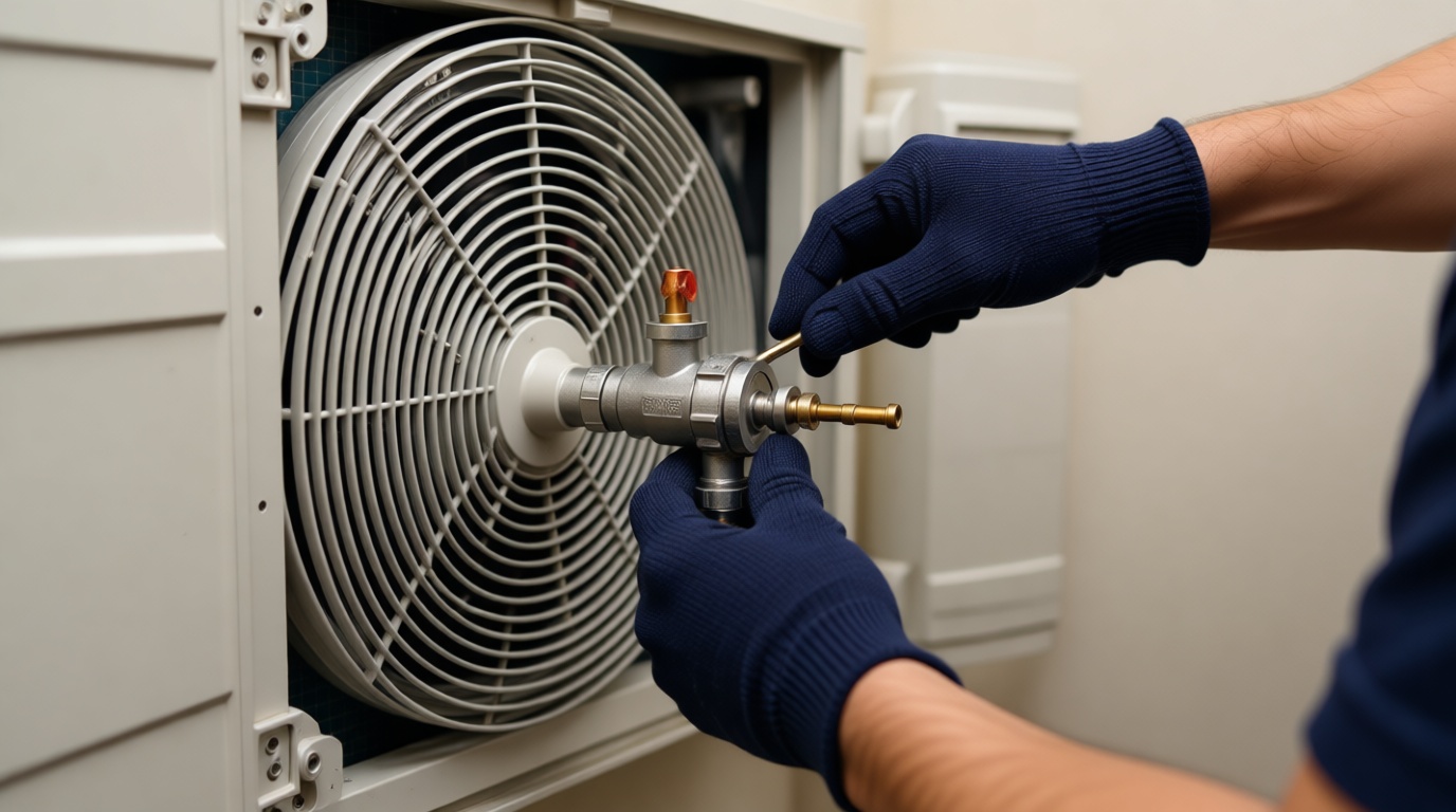 Technician's hands in gloves working on a 3-way valve inside a fan coil unit, showcasing the repair process. Technician’s hands in gloves working on a 3-way valve inside a fan coil unit, showcasing the repair process.