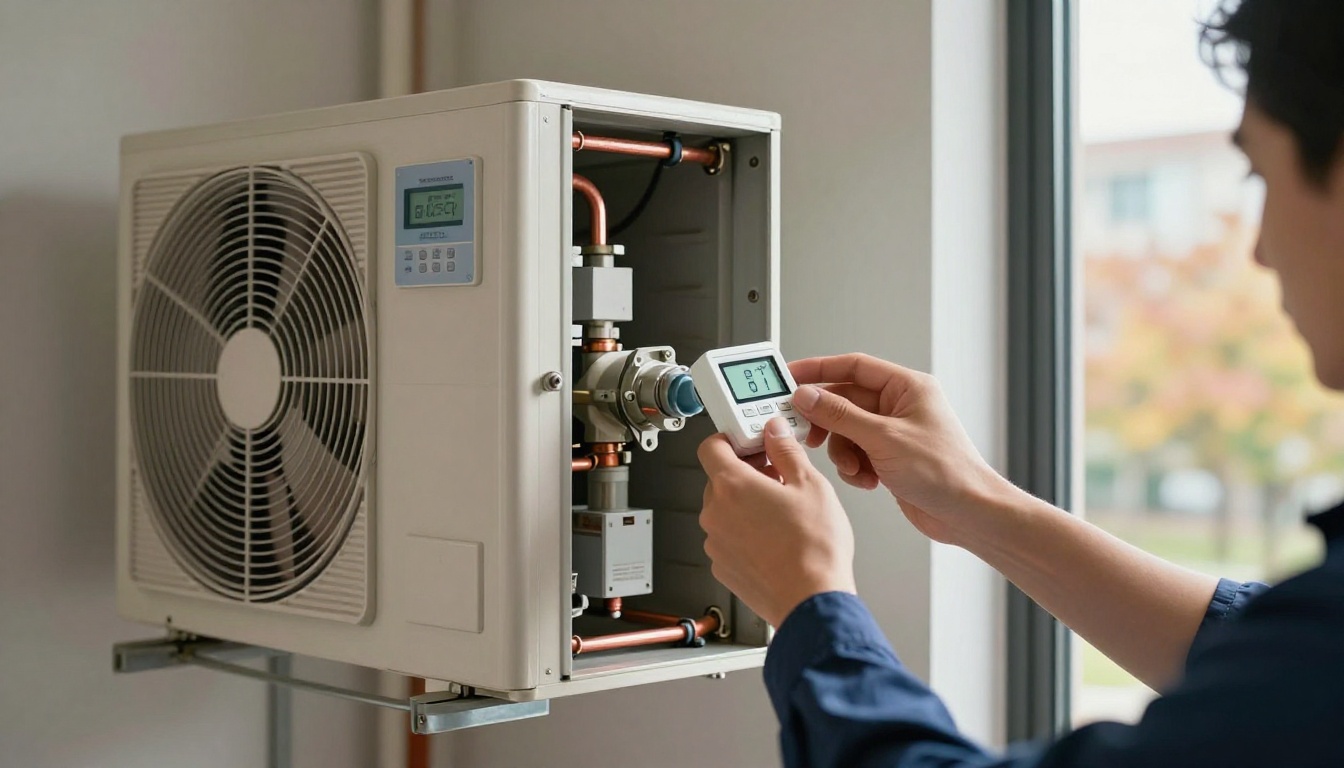 Close-up of a condo HVAC thermostat and an open access panel on a vertical fan coil cabinet in a modern North York condo suite, with a technician’s gloved hand testing heating mode and autumn light through the window