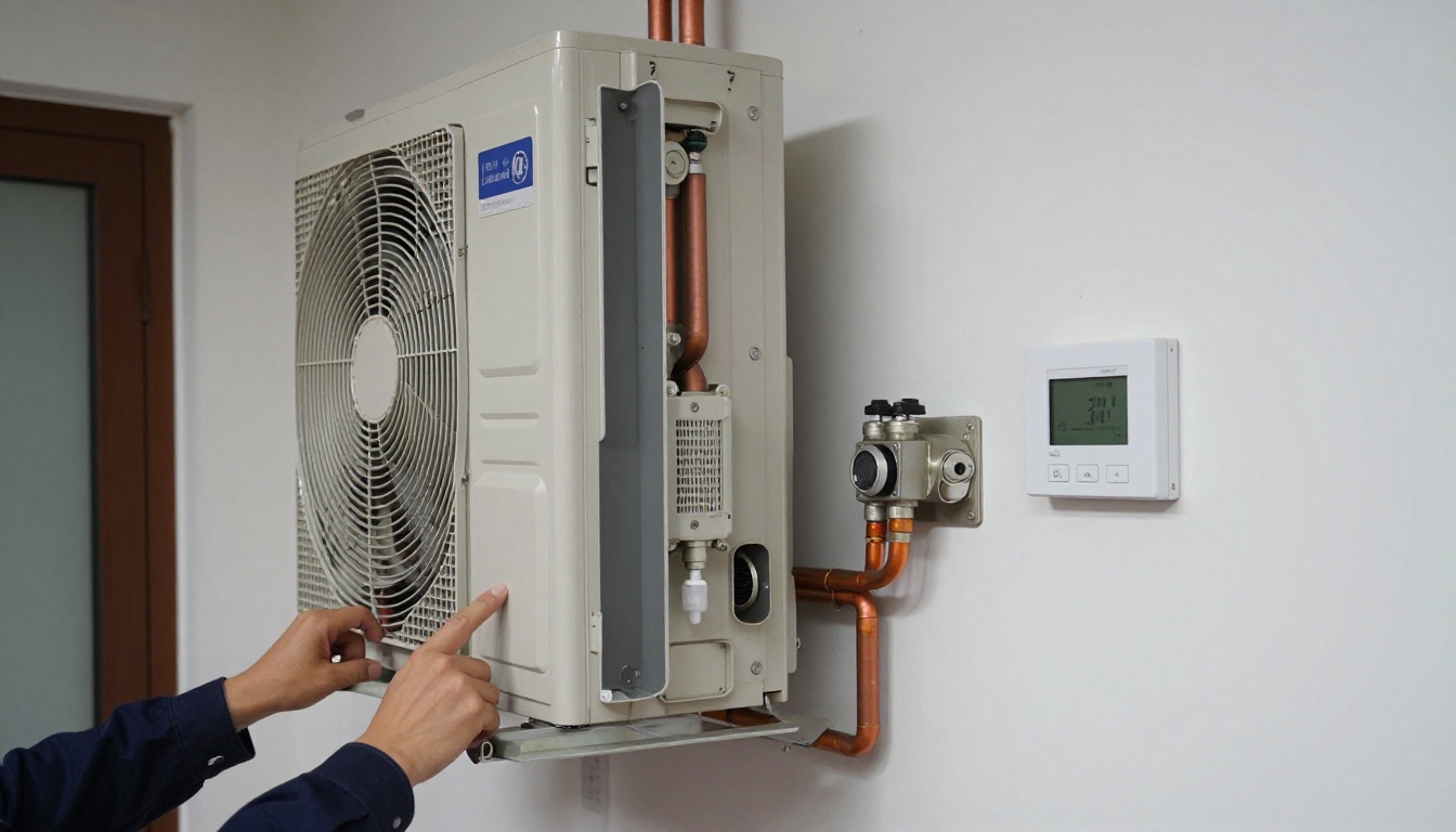 Technician installing a new fan coil unit in a North York condo hallway. Technician installing a new fan coil unit in a North York condo hallway.