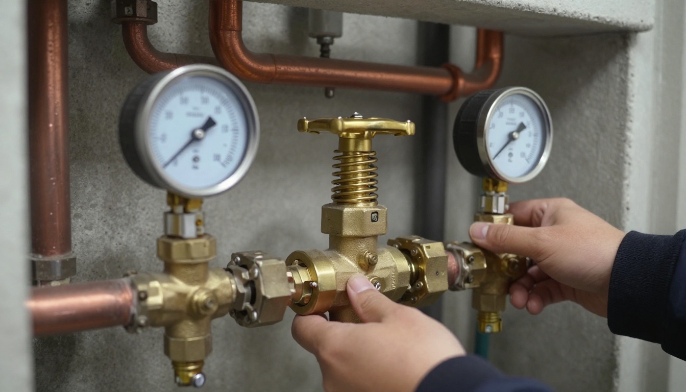 Close-up of a brass commercial pressure reducing valve with pressure gauges on a copper domestic water line in a high-rise condominium mechanical room