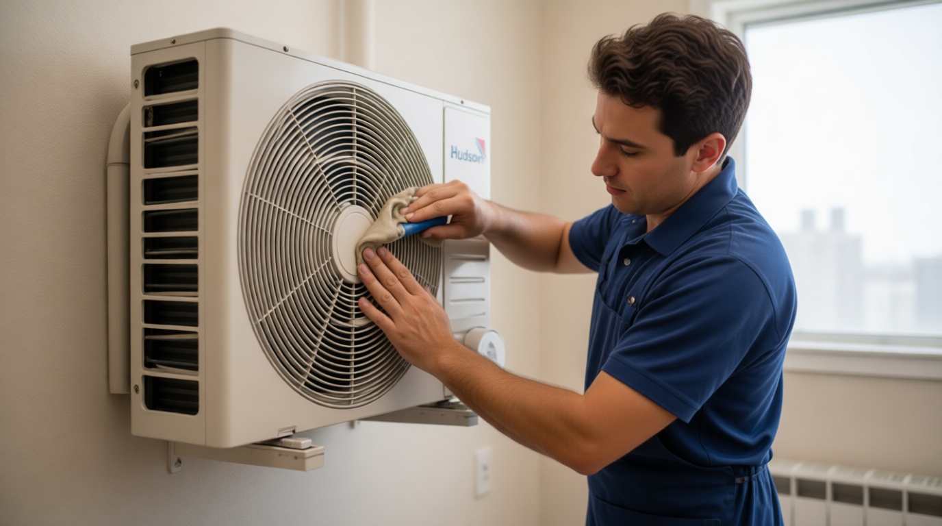 Close-up of a fan coil unit being cleaned by a Hudson HVAC technician in a Toronto condo