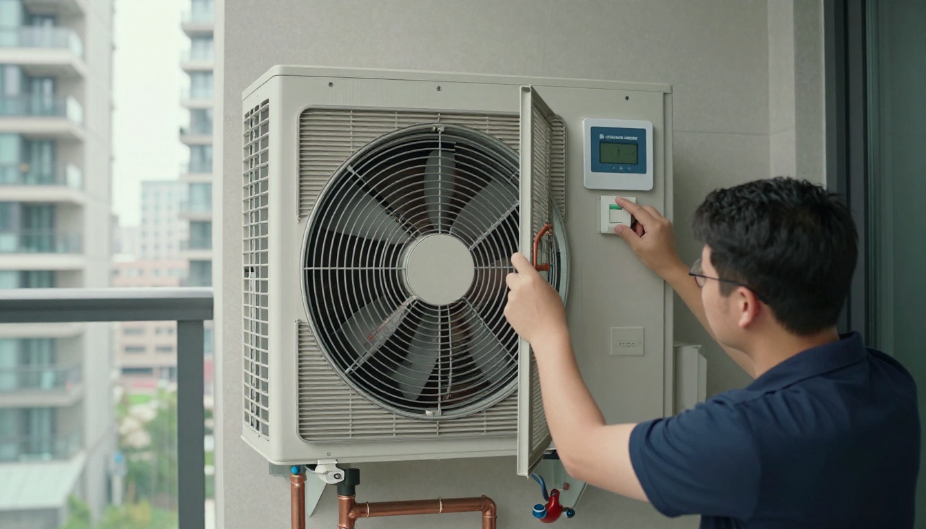 A tall vertical condo fan coil unit inside a closet with the access panel open, showing a hair-loaded filter and a technician’s gloved hand inspecting the blower area in a modern Toronto high-rise suite