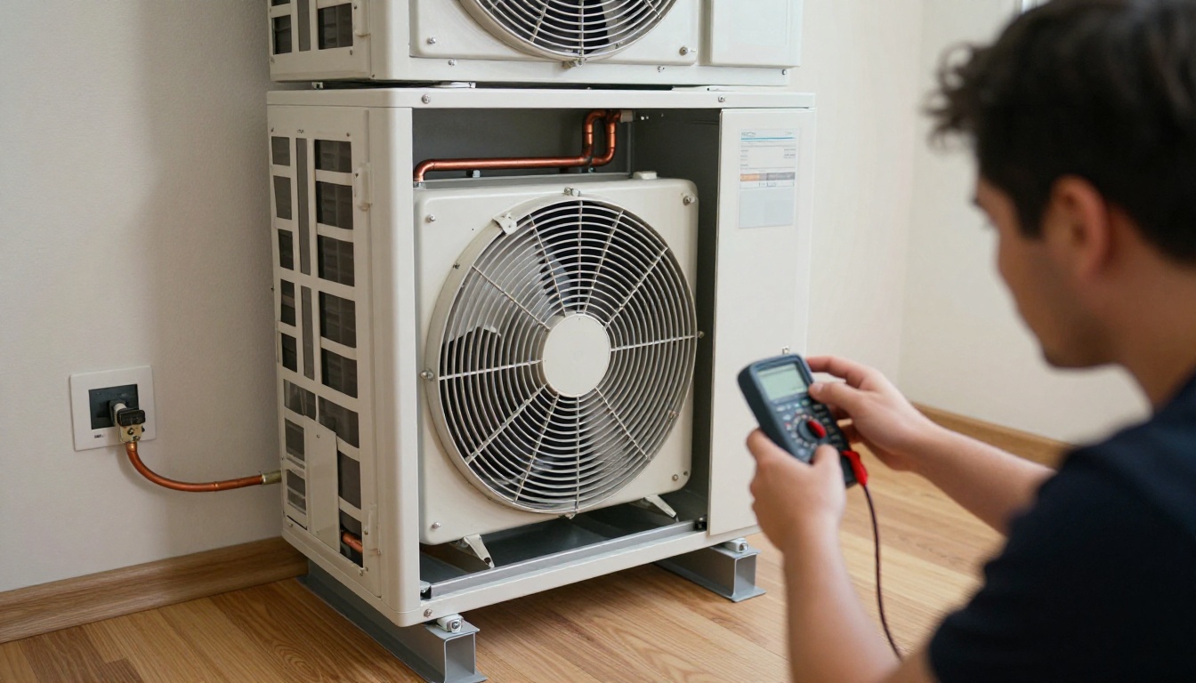 A tall vertical condo fan coil cabinet open inside a modern Toronto high-rise closet, showing copper piping, actuator, drain pan, and a technician's gloved hands testing components with a multimeter A tall vertical condo fan coil cabinet open inside a modern Toronto high-rise closet, showing copper piping, actuator, drain pan, and a technician’s gloved hands testing components with a multimeter