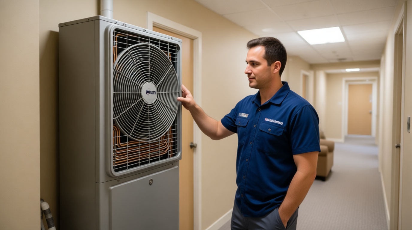 A Hudson HVAC technician inspecting a make-up air unit in a Toronto condo mechanical room