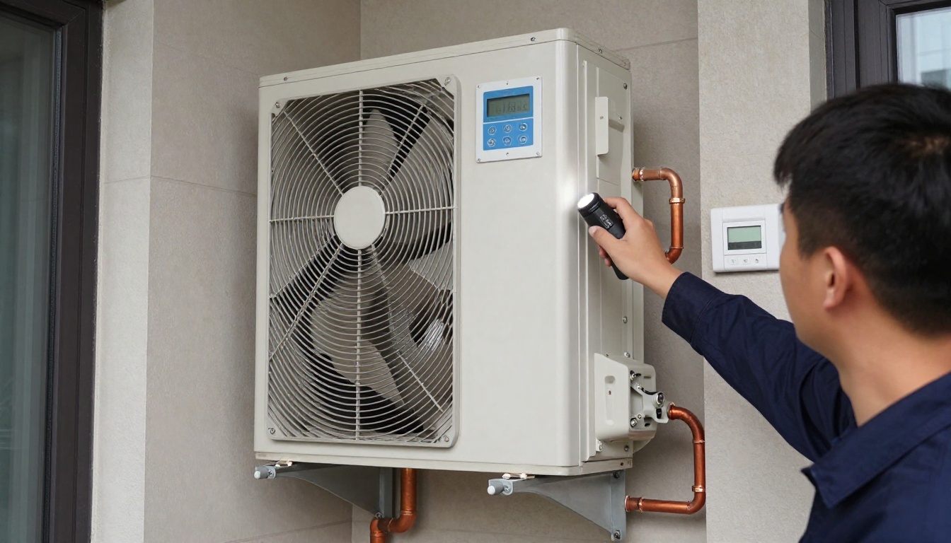 A Hudson HVAC technician inspecting a condo fan coil unit with a flashlight in a Toronto high-rise A Hudson HVAC technician inspecting a condo fan coil unit with a flashlight in a Toronto high-rise