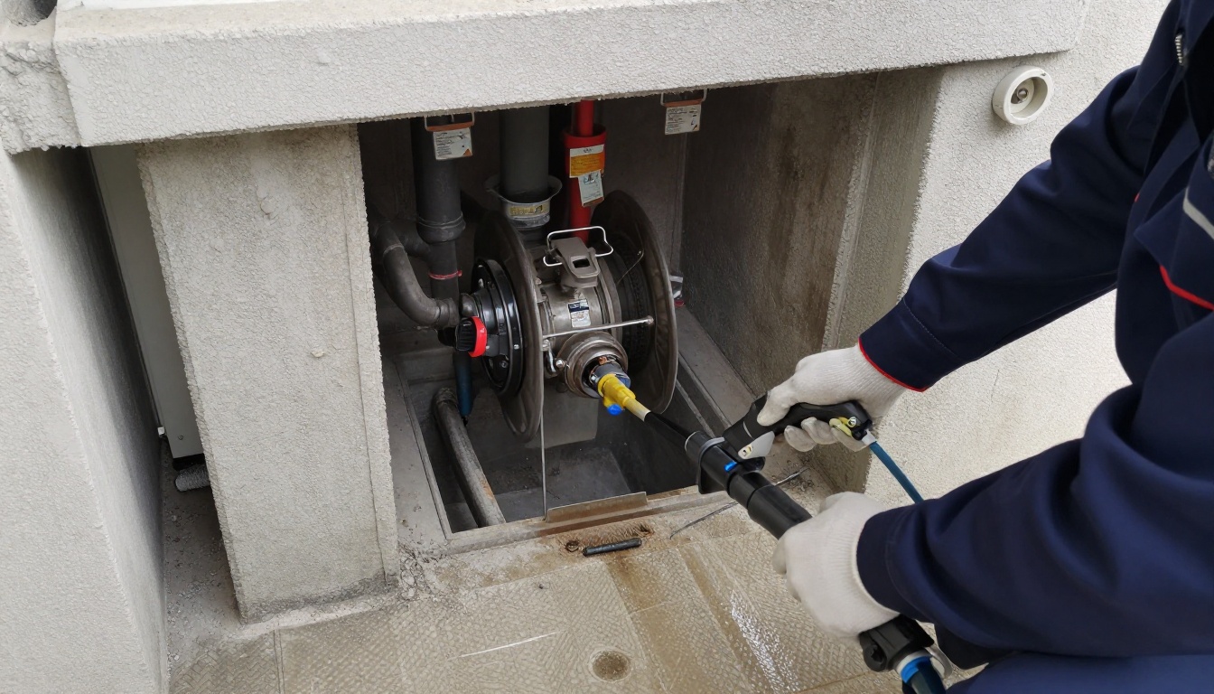 A plumber’s gloved hands operating a high-pressure jetting hose reel into a condominium kitchen stack cleanout in a mechanical room, with protective floor covering and a wet vacuum nearby
