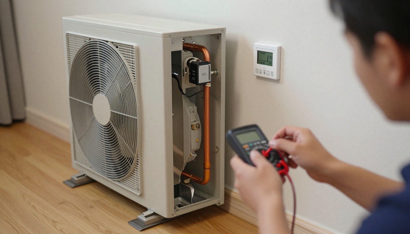 Close-up of a condo thermostat and open access panel on a vertical fan coil unit in a modern North York high-rise suite, technician hands using a multimeter, autumn light inside