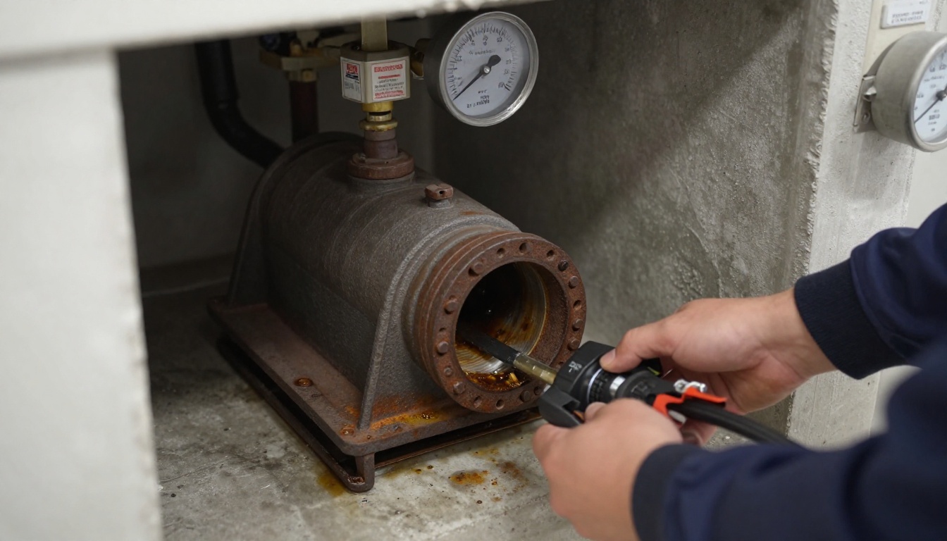 A close-up of a dull grey cast iron condominium kitchen stack cleanout with grease residue and a drain cleaning cable setup in a high-rise service room