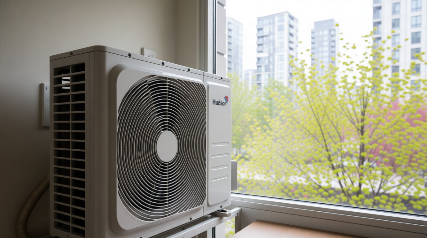 Close-up of a modern heat pump system in a Toronto high-rise condo with spring foliage visible through the window