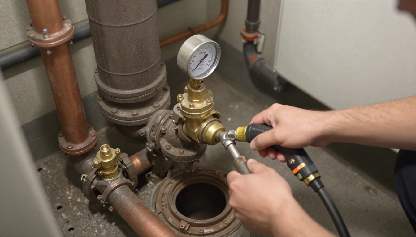 A high-pressure jetting hose being fed into a bolted cleanout on a dull grey cast iron kitchen waste stack in a condominium service room, with greasy residue visible around the cleanout area and protective drop sheets on the floor A high-pressure jetting hose being fed into a bolted cleanout on a dull grey cast iron kitchen waste stack in a condominium service room, with greasy residue visible around the cleanout area and protective drop sheets on the floor