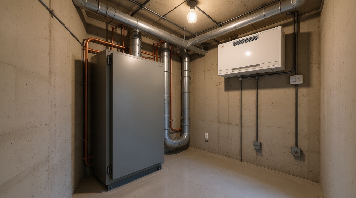 Close-up of an ERV installed in a condo's utility closet, showing ducts and filters. Close-up of an ERV installed in a condo’s utility closet, showing ducts and filters.