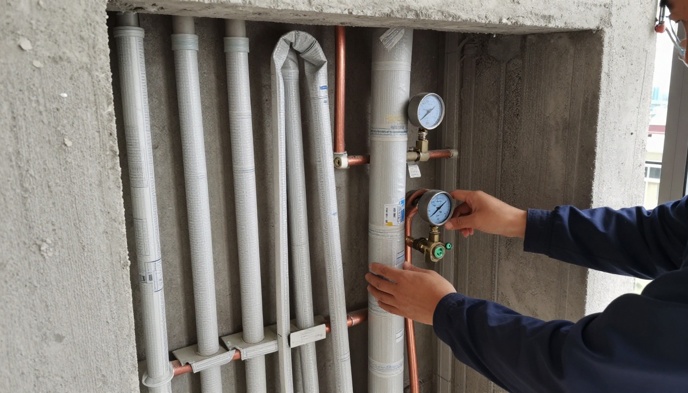 Opened suite wall or closet showing insulated domestic water risers and new copper piping installation with drop sheets and controlled access in a condominium