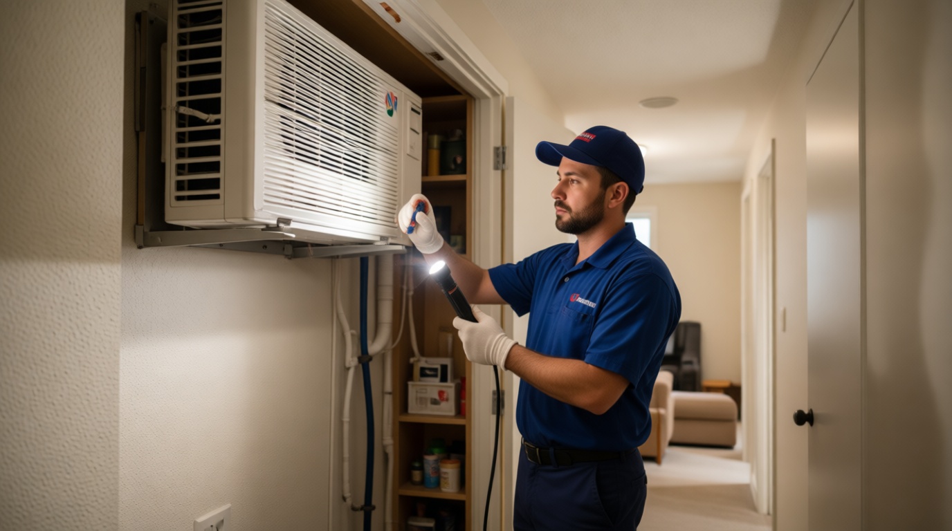 A Hudson HVAC technician inspecting a condo fan coil unit with a flashlight in a Toronto high-rise