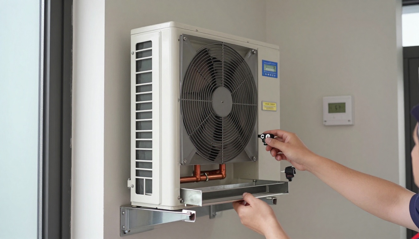 A Hudson HVAC technician inspecting an ERV unit inside a modern Toronto condo A Hudson HVAC technician inspecting an ERV unit inside a modern Toronto condo