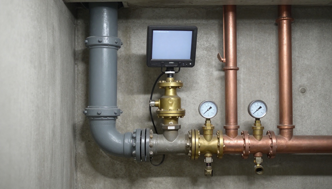 A drain camera inspection setup at a condominium cleanout with reel, monitor and aging cast iron drain piping in a mechanical or service room