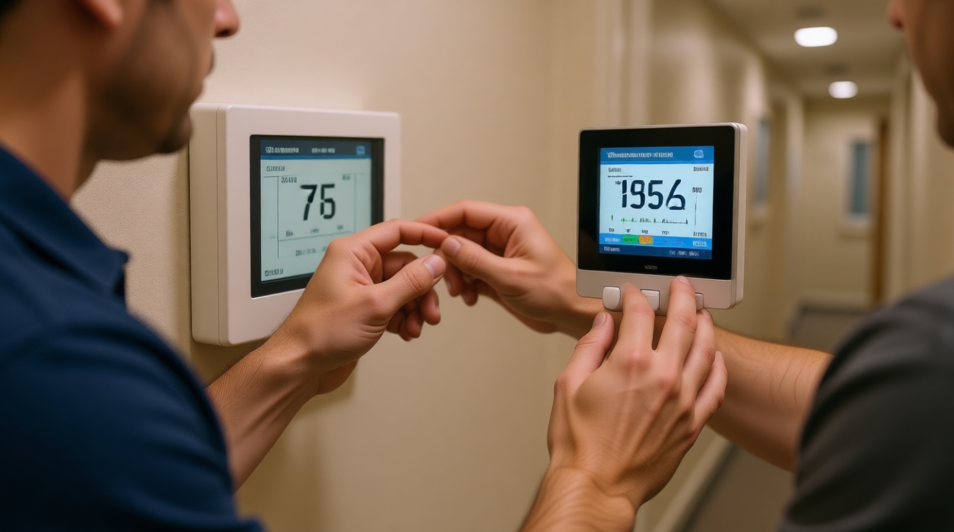 Close-up of a technician&rsquo;s hands calibrating a digital thermostat in a Toronto condo hallway
