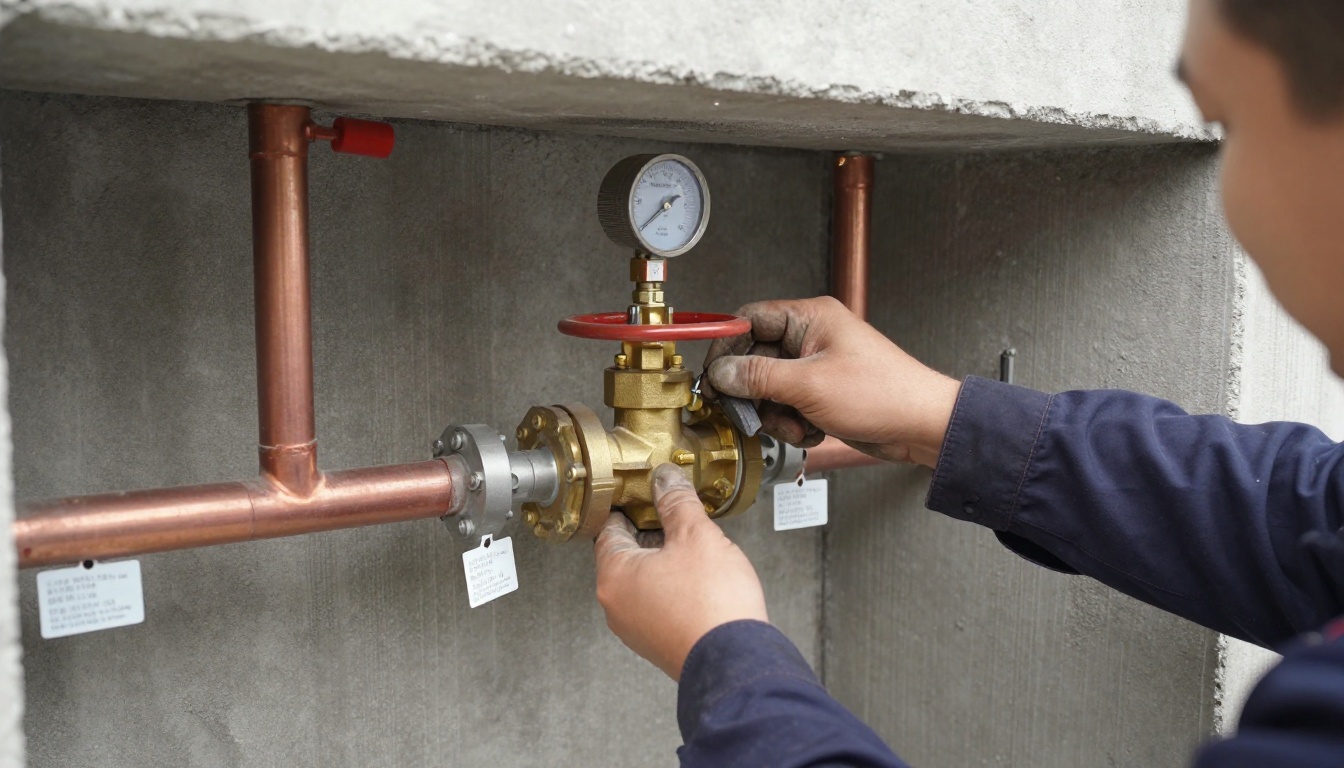 A plumber’s gloved hands installing a new full-port brass ball valve on a horizontal copper domestic water line in a high-rise mechanical room, with drained piping, valve tags and drop sheets visible