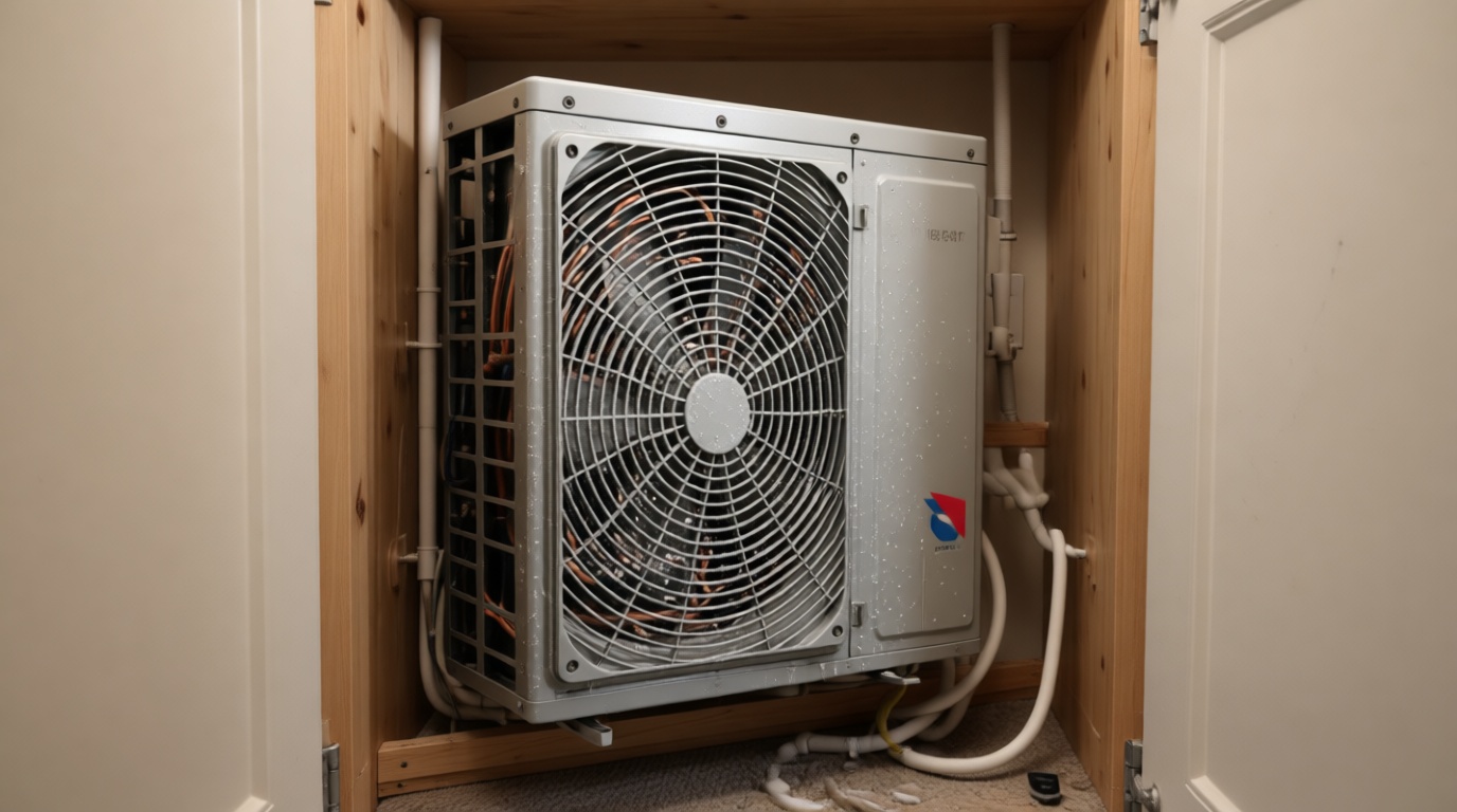 Close-up of a frozen condensate line on a fan coil unit during a Toronto winter