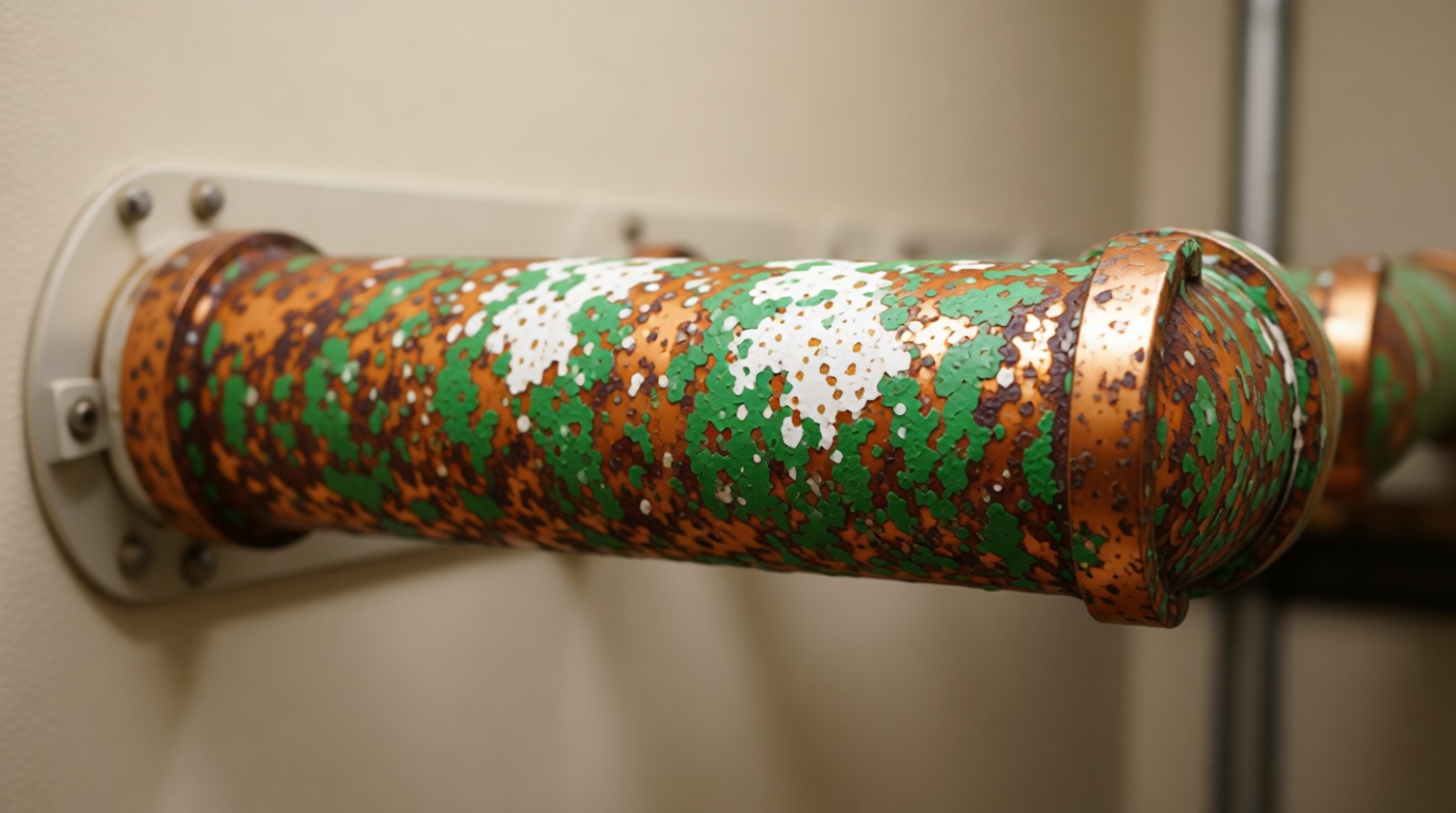 Close-up of a corroded copper pipe with green and white buildup in a Toronto condo