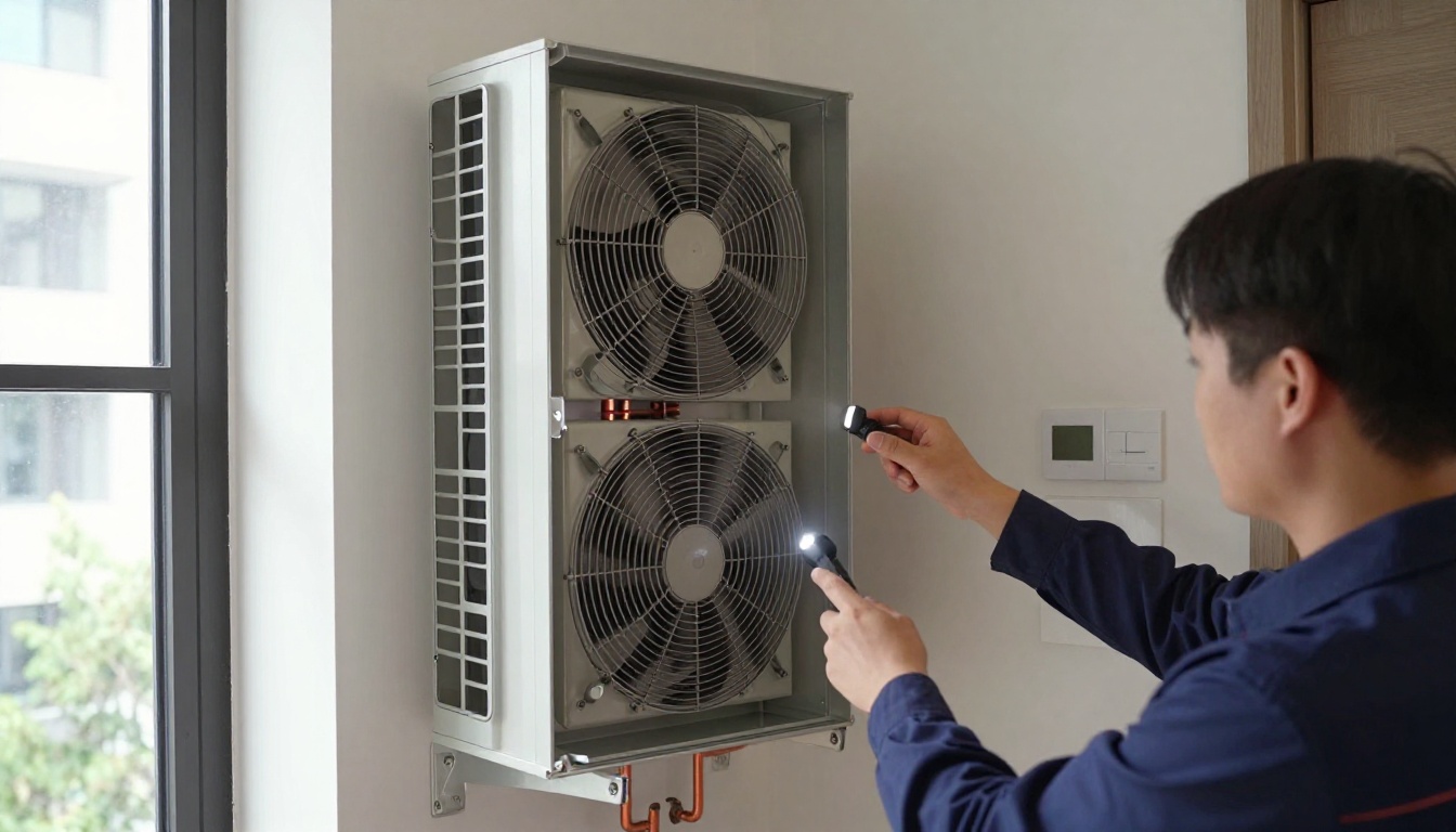 A tall vertical condo fan coil cabinet open inside a modern Toronto top-floor suite closet, with a technician checking the blower and coil using a flashlight, fall daylight through the window