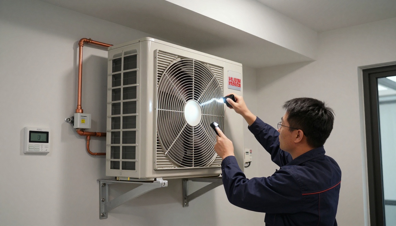 A Hudson HVAC technician inspecting a condo fan coil unit with a flashlight in a Toronto high-rise