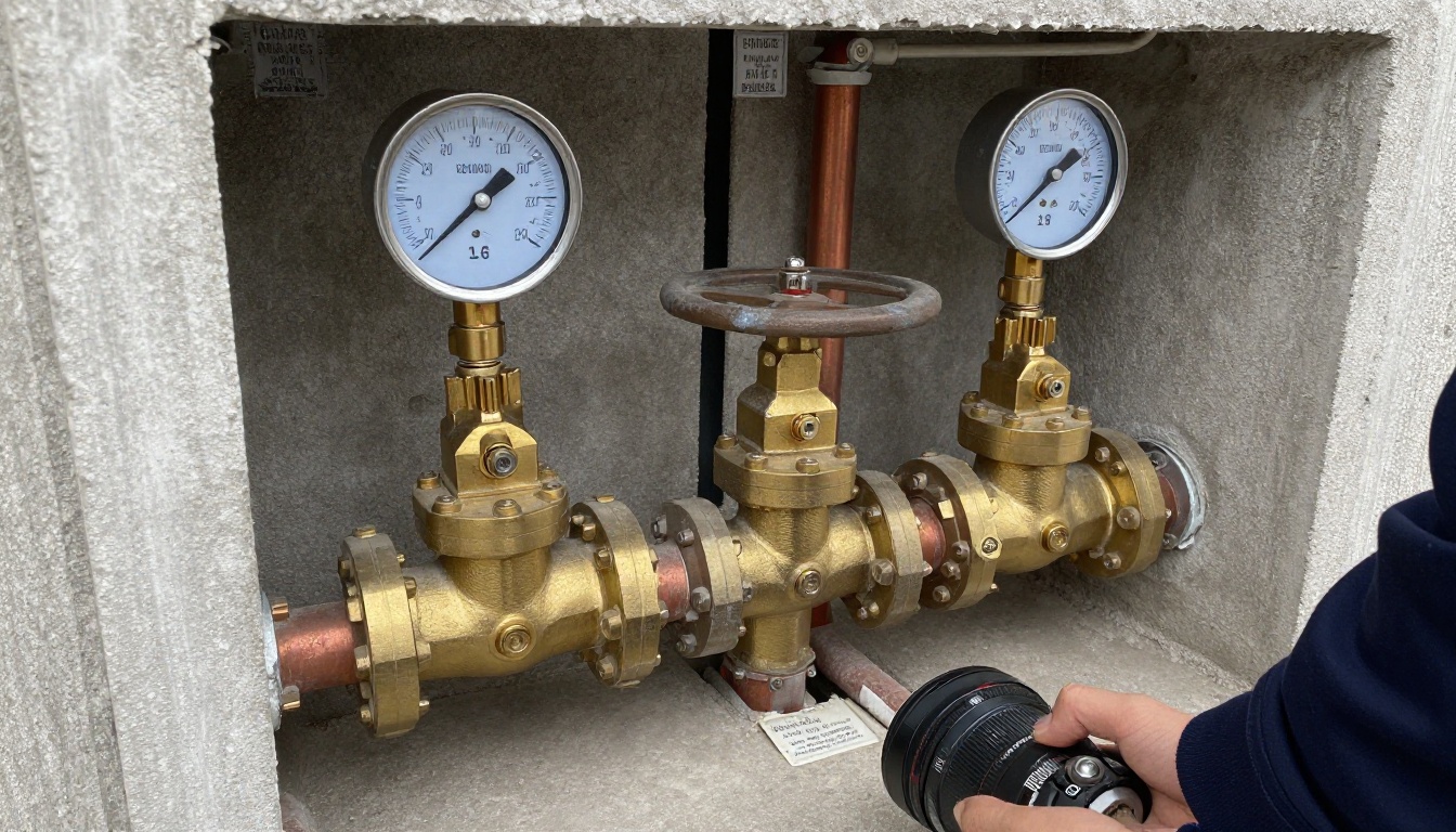 A close-up of labelled brass and butterfly isolation valves on copper domestic water risers in a condominium mechanical room, with pressure gauges and valve tags visible A close-up of labelled brass and butterfly isolation valves on copper domestic water risers in a condominium mechanical room, with pressure gauges and valve tags visible