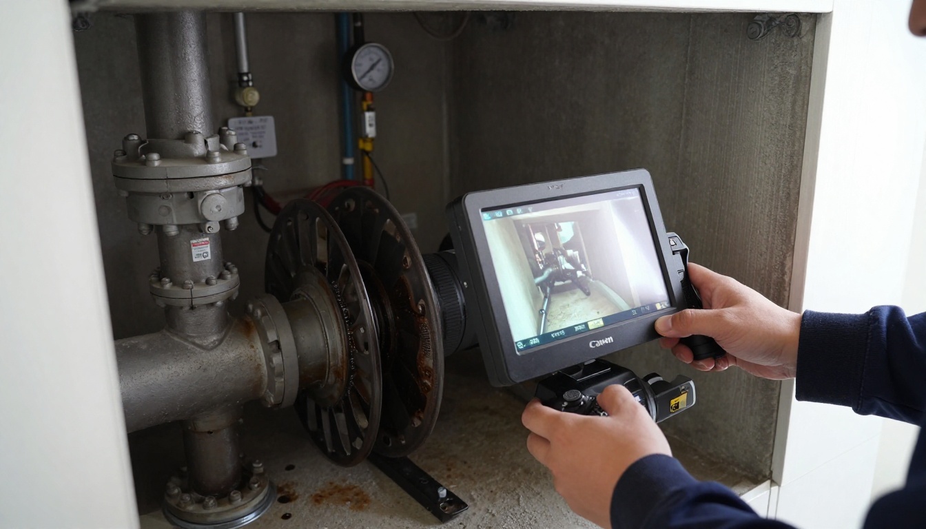 A close-up camera view of a heavily grease-scaled 3-inch cast iron kitchen stack interior beside a monitor in a condo service corridor, showing reduced pipe opening and inspection equipment A close-up camera view of a heavily grease-scaled 3-inch cast iron kitchen stack interior beside a monitor in a condo service corridor, showing reduced pipe opening and inspection equipment