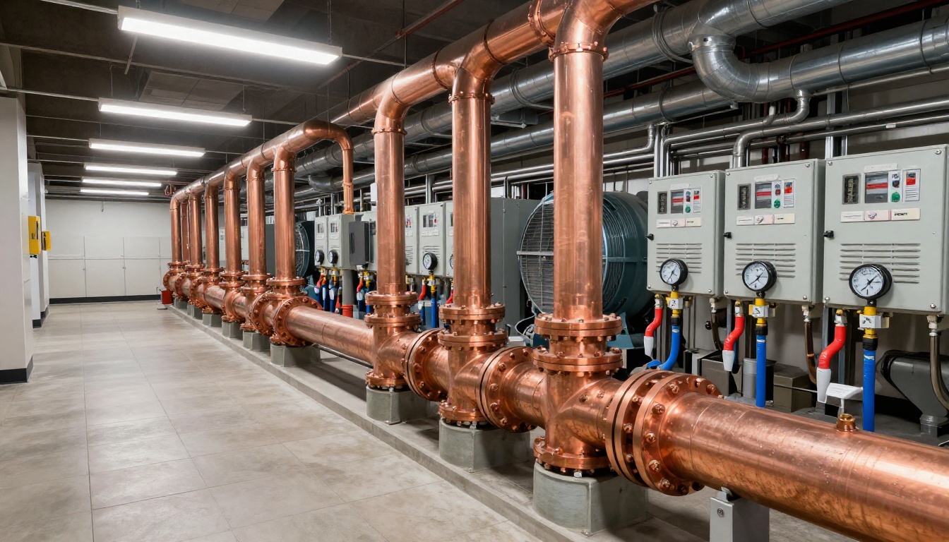 Close-up of a newly installed riser pipe with copper fittings in a modern Toronto condo mechanical space