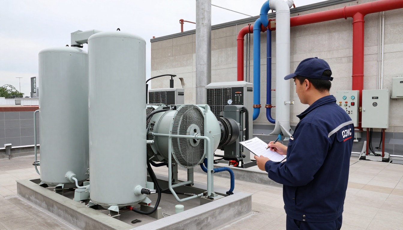 A Hudson HVAC technician inspecting an expansion tank in a condo mechanical room in Toronto