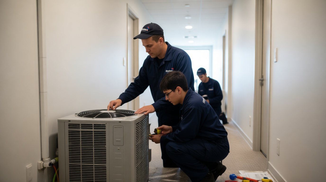 A Hudson HVAC technician inspecting a heat pump unit in a Toronto condo hallway