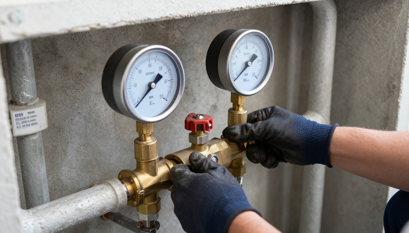 A close-up of a plumber&rsquo;s gloved hands checking pressure gauges and isolation valves on a brass and copper domestic water booster assembly in a condominium mechanical room