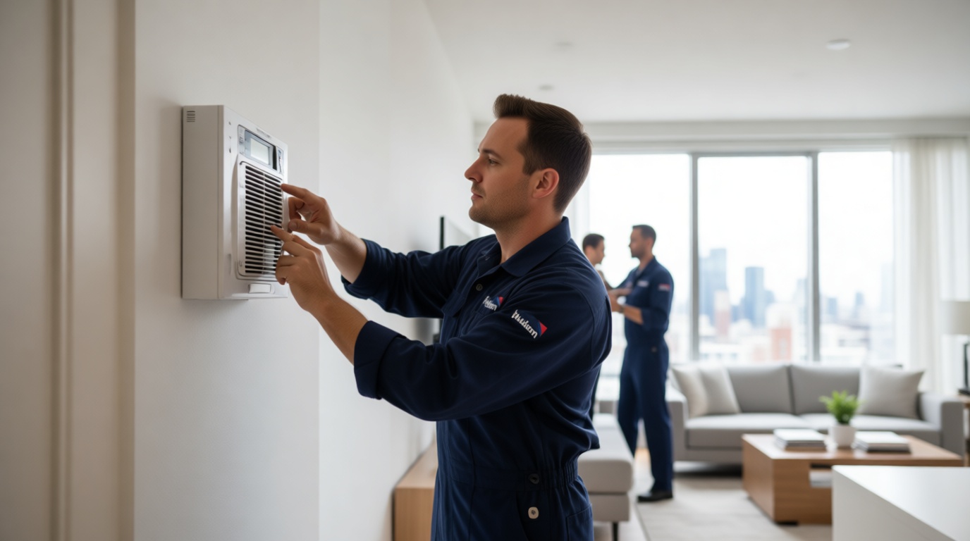 A Hudson HVAC technician installing a smart thermostat in a Toronto condo