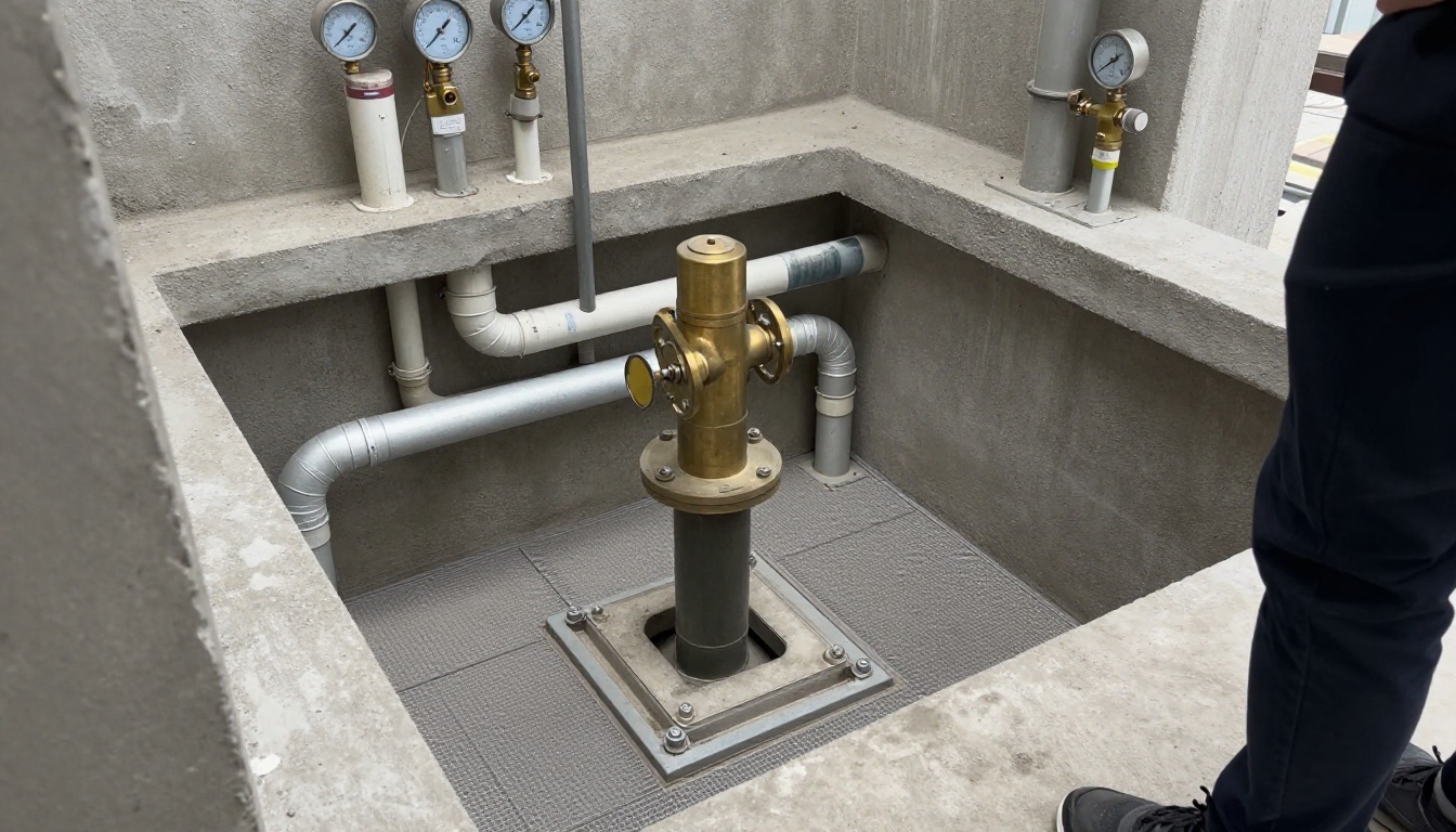 Open sewage ejector pit service area with removed pump components, brass check valves, insulated overhead piping and protective floor coverings in a condominium mechanical room