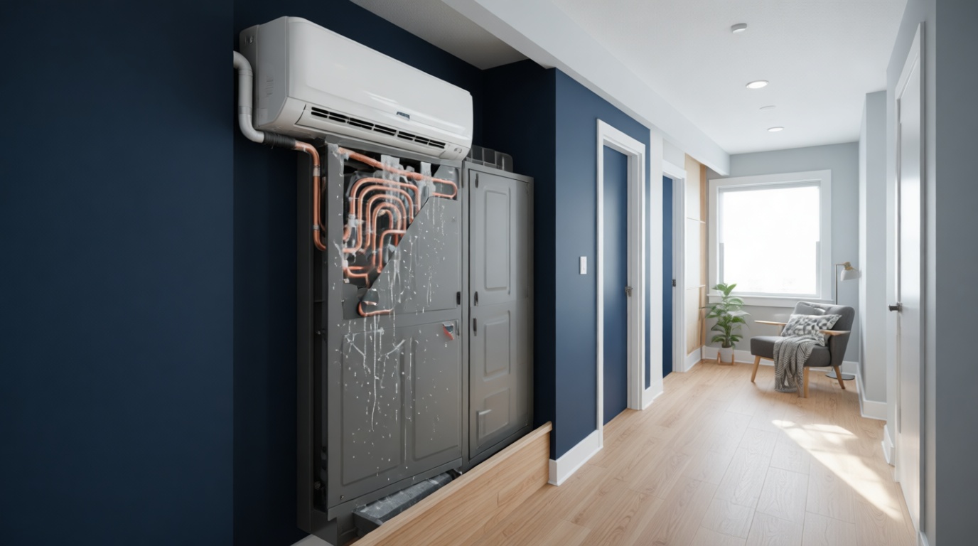 Close-up of a frozen condensate line on a fan coil unit during a Toronto winter Close-up of a frozen condensate line on a fan coil unit during a Toronto winter
