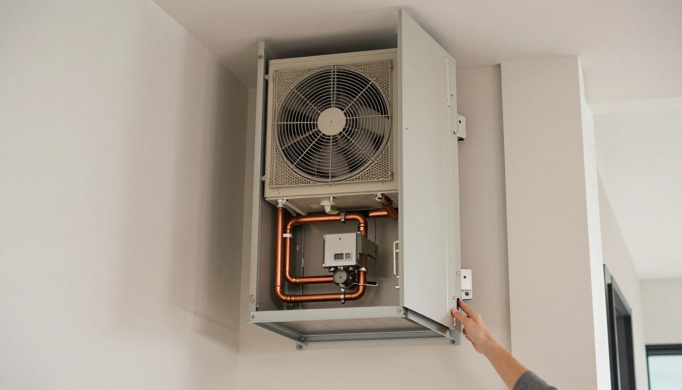 A tall vertical condo fan coil unit inside a closet with the lower access panel open, copper piping and drain pan visible, in a modern Toronto high-rise suite during fall