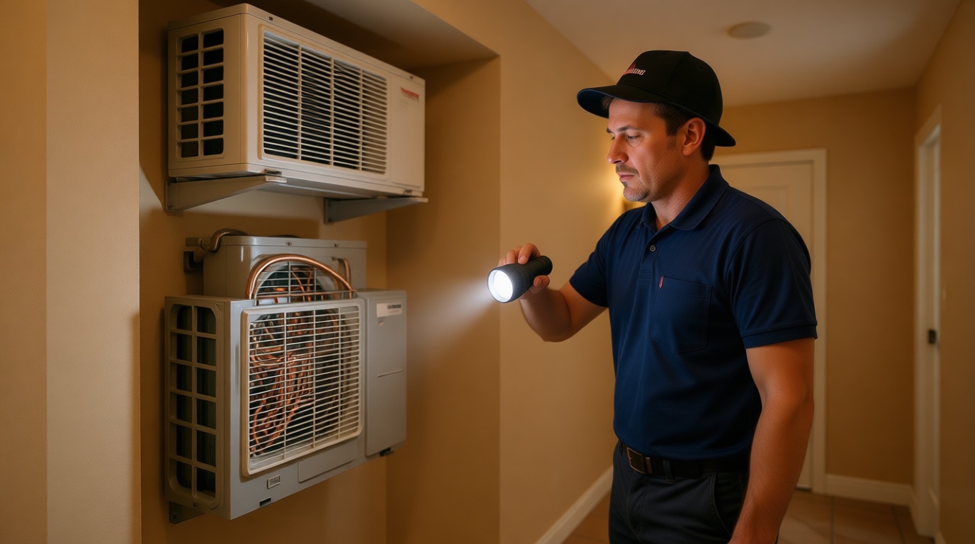 A Hudson HVAC technician inspecting a condo fan coil unit with a flashlight in a Toronto high-rise