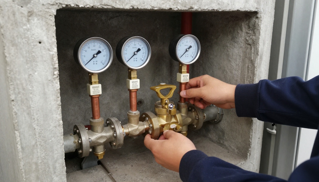 Mechanical room domestic water piping with a newly installed brass pressure reducing valve, gauges, isolation valves and labelled copper mains