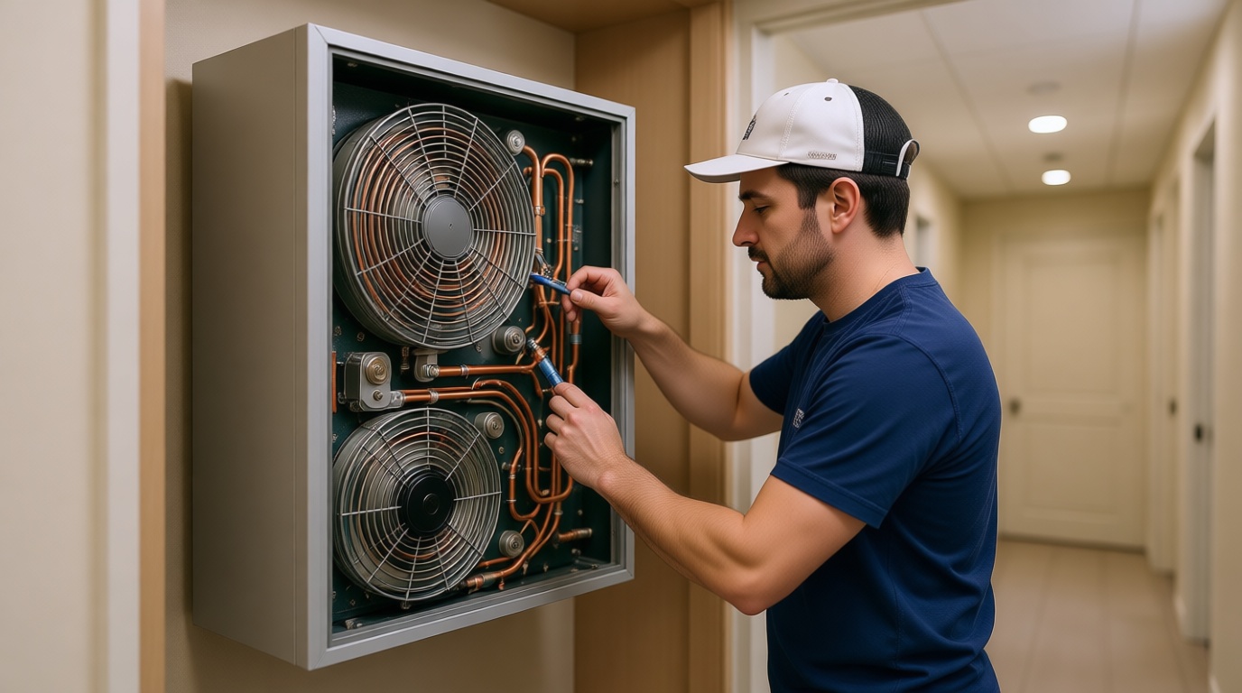 Close-up of a fan coil unit's internal components being serviced by a Hudson HVAC technician in a modern Toronto condo Close-up of a fan coil unit’s internal components being serviced by a Hudson HVAC technician in a modern Toronto condo