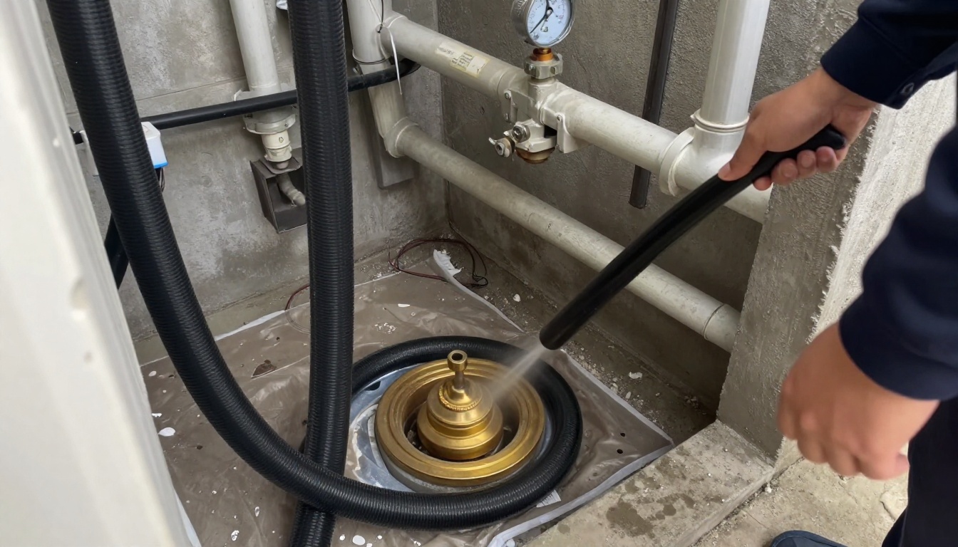 Jetting and drain maintenance setup in a condominium service corridor with hose reels, protective floor covering, and a brass or cast cleanout at the base of a kitchen drain stack Jetting and drain maintenance setup in a condominium service corridor with hose reels, protective floor covering, and a brass or cast cleanout at the base of a kitchen drain stack