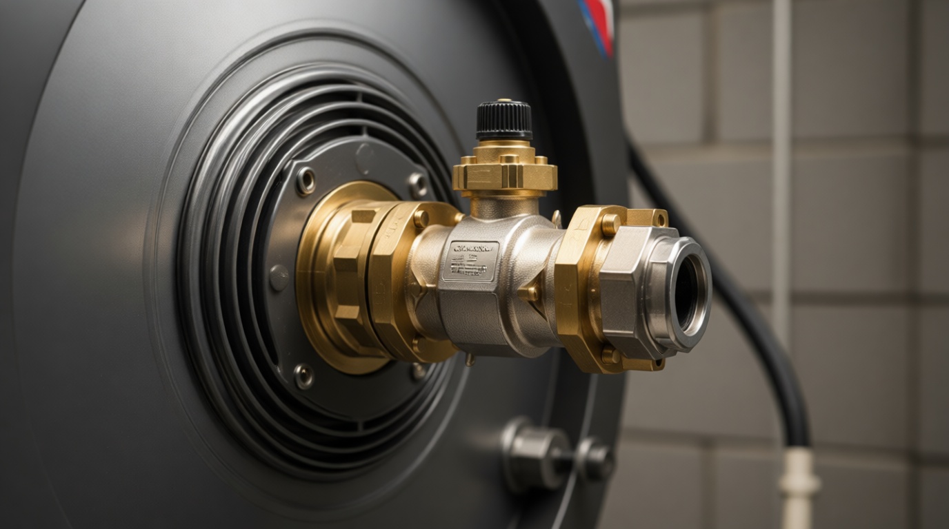 Close-up of an expansion valve installed in a heat pump. Brass and steel component with inlet and outlet connections.