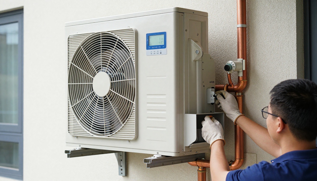 Close-up of a tall vertical condo fan coil cabinet with access panel open, clean filter, copper piping, and a technician&rsquo;s gloved hands inspecting insulation and air sealing around pipe penetrations