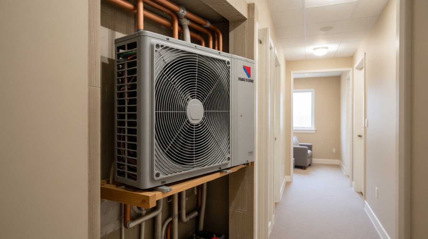 Close-up of a frozen condensate line on a fan coil unit during a Toronto winter Close-up of a frozen condensate line on a fan coil unit during a Toronto winter